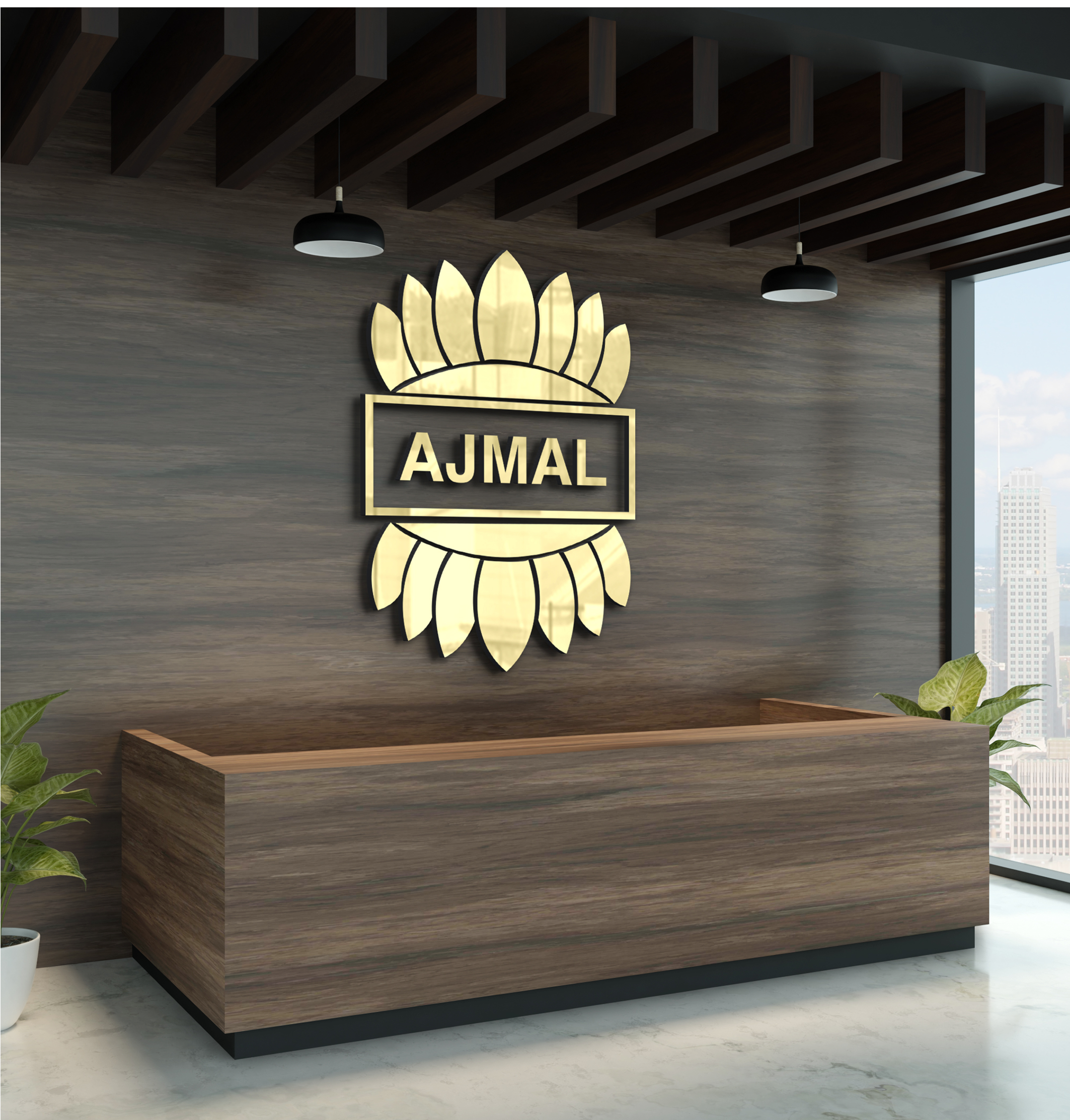 Reception area of Ajmal Estate Developers with prominent company logo wall