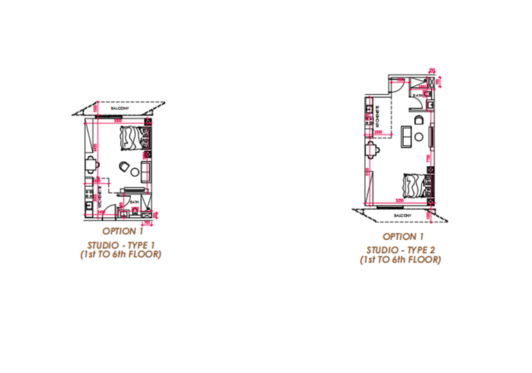 Floor plan of studio apartment at Ajmal Aurora Ridge showing open layout with kitchen, living, and sleeping area