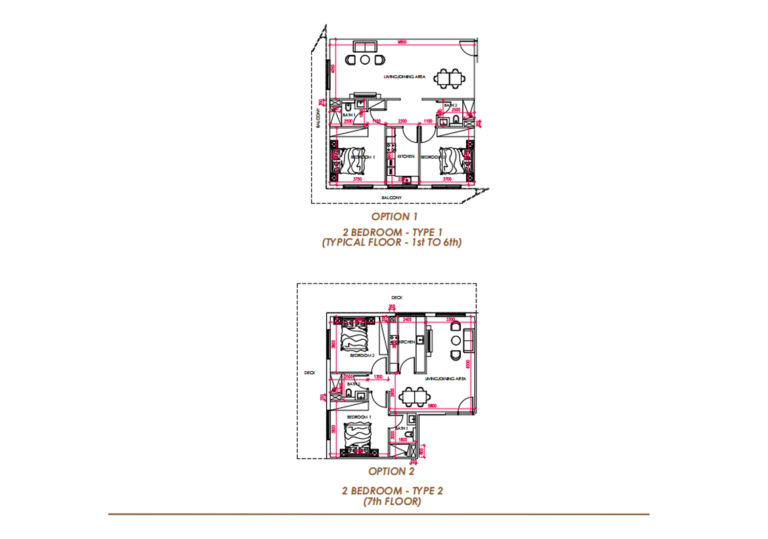 Floor plan of 2 BHK apartment at Ajmal Aurora Ridge showing two bedrooms, large living area, and kitchen